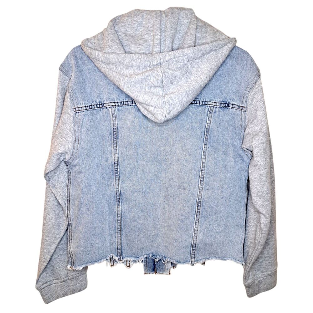 NEW Dance & Marvel Women Jean Jacket raw hem size XS Light Wash Detachable Hood - Picture 2 of 8